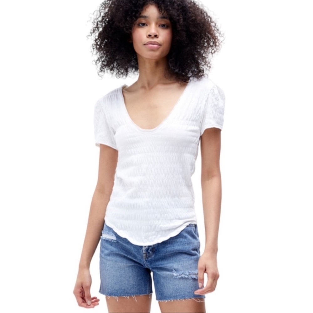 Free People We the Free Sugar Cube Smocked Tee in Optic White. Size Medium.
